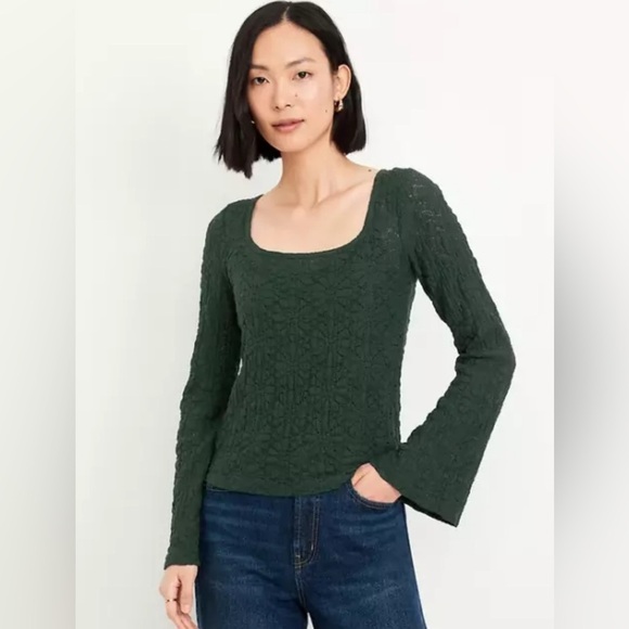 NWT Old Navy Textured Lace Scoop Neck Top Womens Size M Dark Green Flared Sleeve - Picture 1 of 10